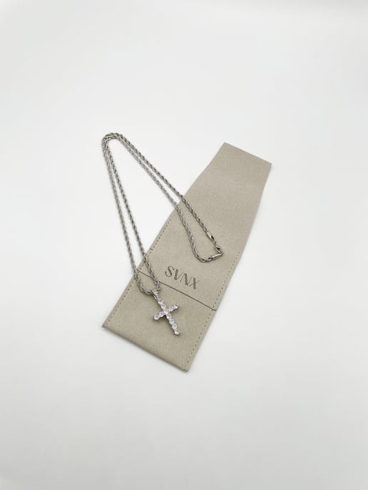 Diamante Cross Pendant Necklace in Silver - Image 3