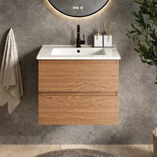 Mirlux Badkamermeubel norvi 60 cm warm eiken witte wastafel - Image 1