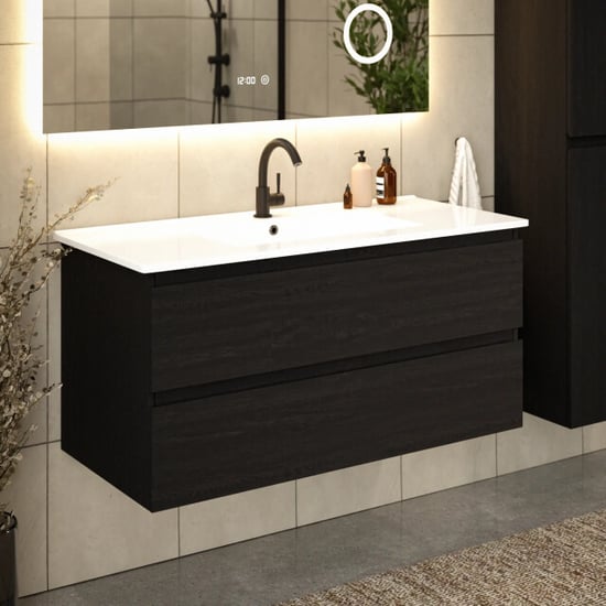 Mirlux Badkamermeubel varo 100 cm zwart eiken witte wastafel - Image 6