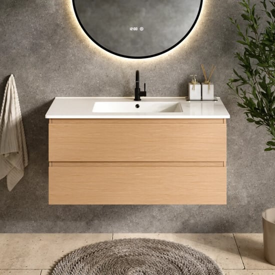 Mirlux Badkamermeubel varo -100 cm licht eiken witte wastafel - Image 1