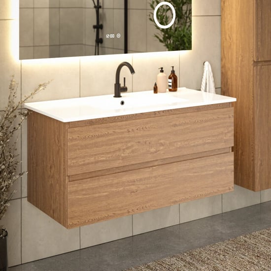 Mirlux Badkamermeubel varo 100 cm warm eiken witte wastafel - Image 2