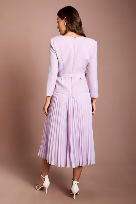 Crepe Bodice Long Sleeve Pleated Midi Dress - Image 3