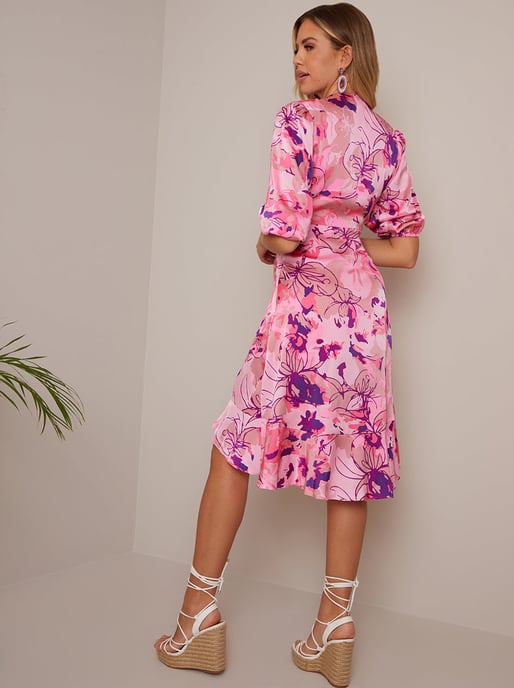 Tie Front Floral Abstract Dip Hem Dress in Pink - Image 2