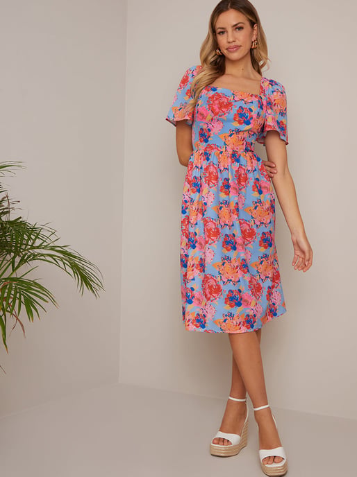 Petite Square Neck Floral Midi Dress in Multi - Image 1