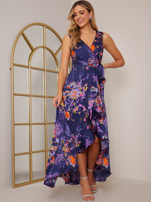 Sleeveless Neon Abstract Print Wrap Midi Dress in Blue - Image 1