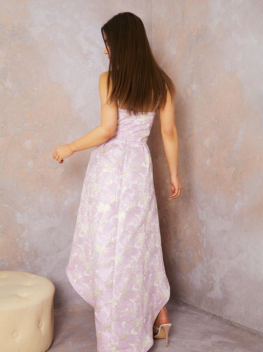 Cami Floral Jacquard Dip Hem Dress in Lilac - Image 3
