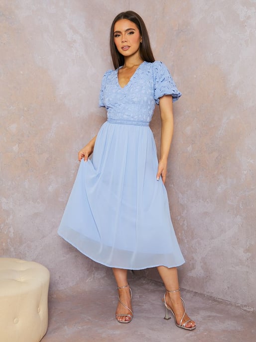 Puff Sleeve Premium Lace Midi Dress in Blue - Image 1