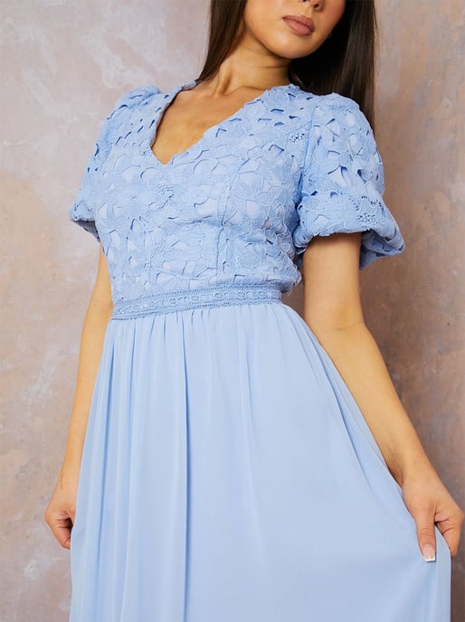 Puff Sleeve Premium Lace Midi Dress in Blue - Image 2