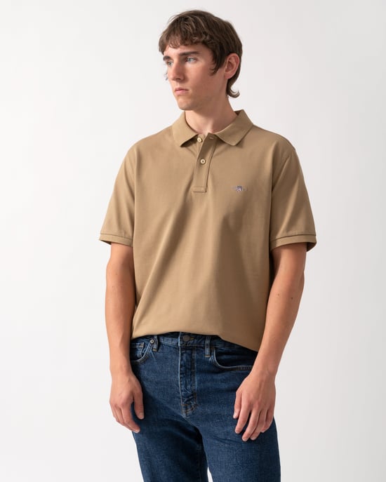 Regular Fit Mens Regular Fit Short Sleeve Shield Logo Pique Polo Regular Fit Pique Polo in Tan - Image 3