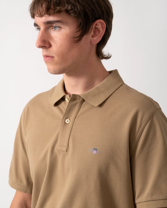 Regular Fit Mens Regular Fit Short Sleeve Shield Logo Pique Polo Regular Fit Pique Polo in Tan - Image 4