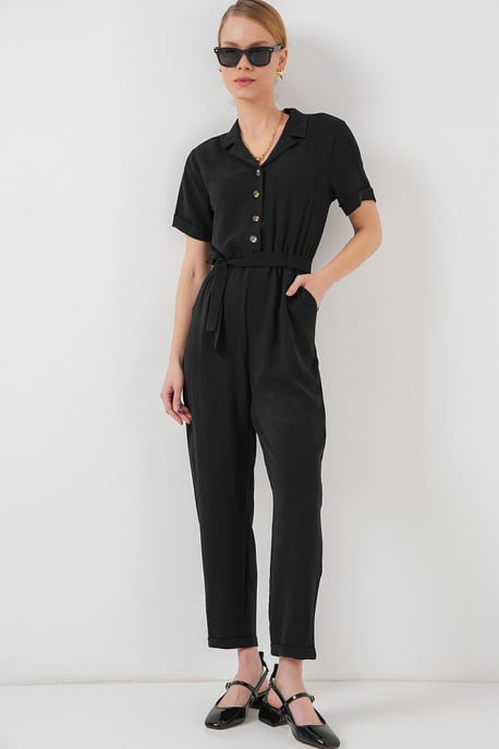 Effen Geweven Jumpsuit met Kraag en Strikdetail - Image 2