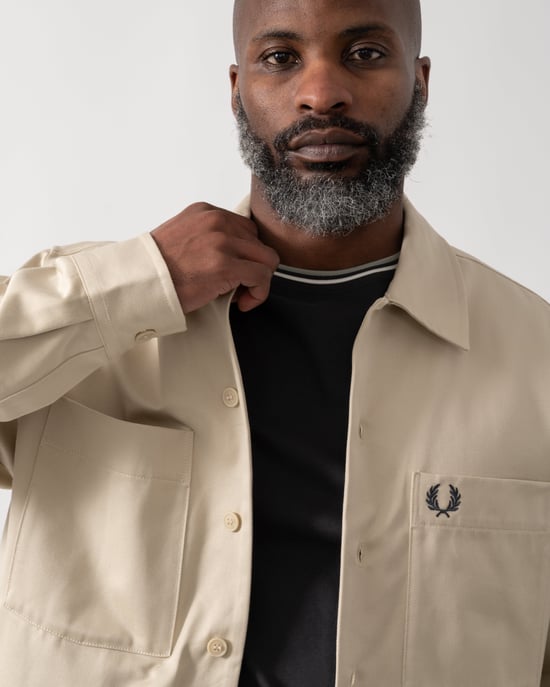 Regular Fit Long Sleeve Twill Overshirt in Beige - Image 3