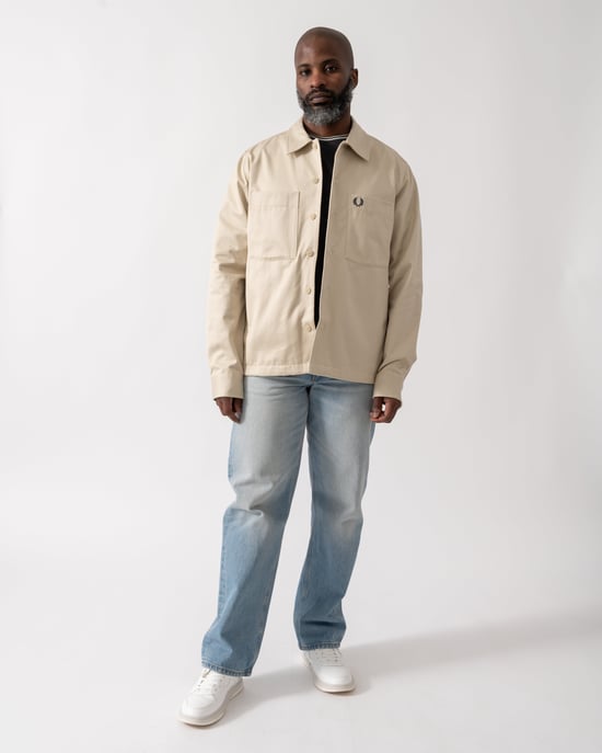 Regular Fit Long Sleeve Twill Overshirt in Beige - Image 4