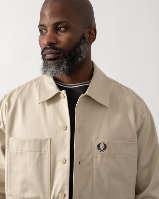 Regular Fit Long Sleeve Twill Overshirt in Beige - Image 5
