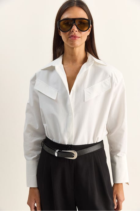 Casual Lange Mouwen Knopsluiting Poplin Shirt met Pocket - Image 2