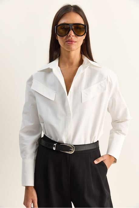 Casual Lange Mouwen Knopsluiting Poplin Shirt met Pocket - Image 3