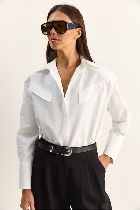 Casual Lange Mouwen Knopsluiting Poplin Shirt met Pocket - Image 4