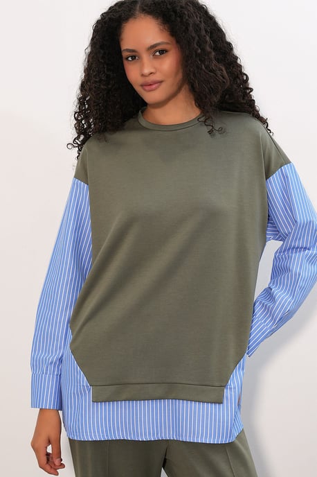 Randig lång t-shirt med rund hals, tvådelad set - Image 2