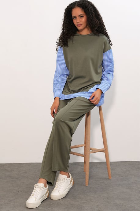 Randig lång t-shirt med rund hals, tvådelad set - Image 3
