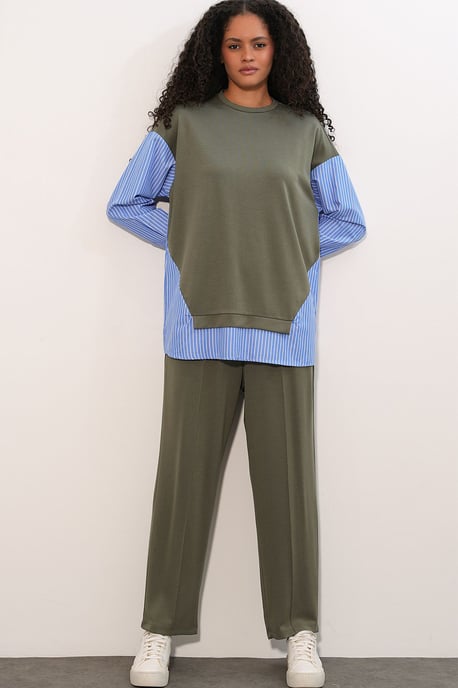 Randig lång t-shirt med rund hals, tvådelad set - Image 4