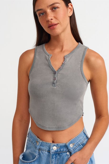 Dames Geribbelde Crop Blouse Met Knopen - Image 1