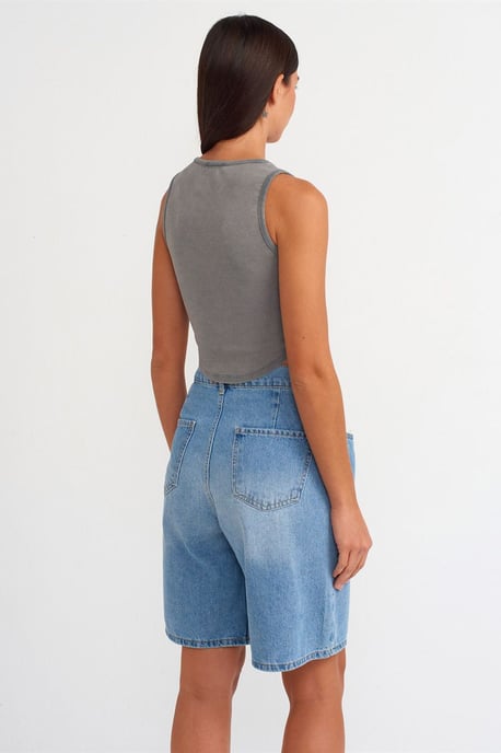 Dames Geribbelde Crop Blouse Met Knopen - Image 2