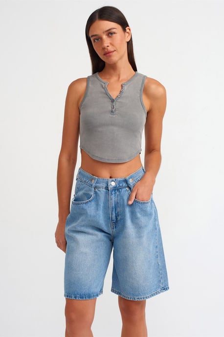 Dames Geribbelde Crop Blouse Met Knopen - Image 3