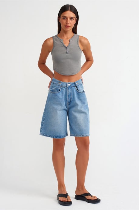 Dames Geribbelde Crop Blouse Met Knopen - Image 4