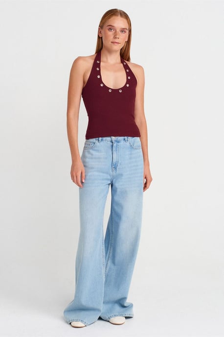 Crop Halterneck Ribbad Blus Med Stendetalj - Image 4