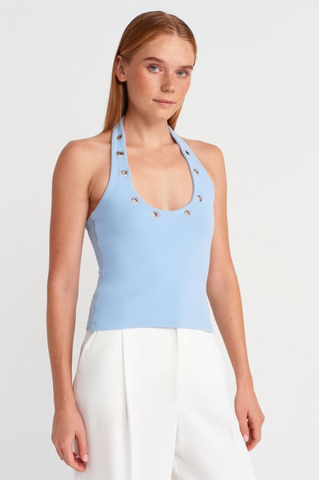 Crop Halterneck Ribbed Blouse With Stone Detail - Image 1