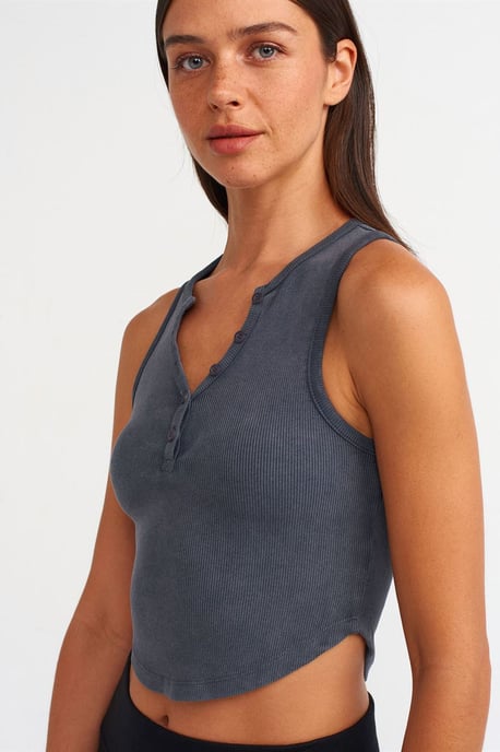 Dames Geribde Crop Blouse Met Knopen - Image 4