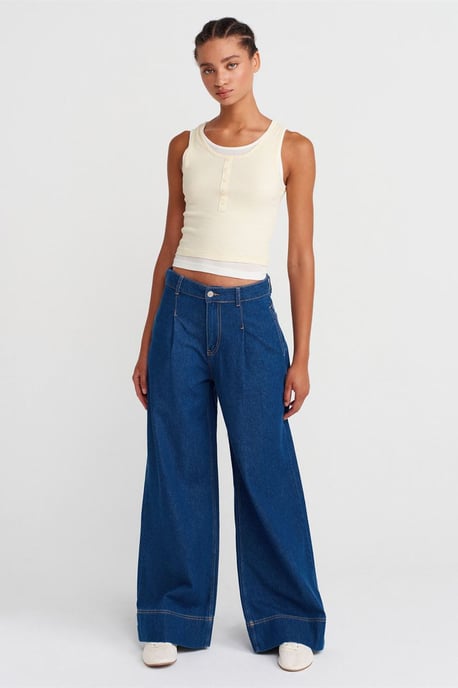 Katoenen Geribbelde Mouwloze Knop Blouse - Image 4
