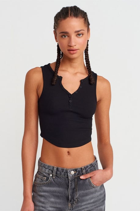 Dames Geribbelde Crop Blouse Met Knopen - Image 3