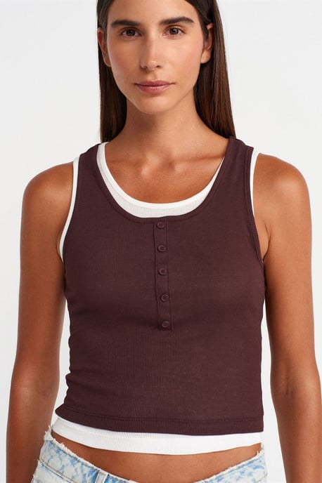 Katoenen Geribbelde Mouwloze Knopen Blouse - Image 3