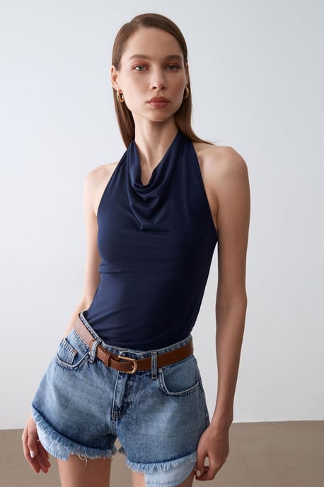 Sleeveless Cowl Neck Tie Blouse - Image 1