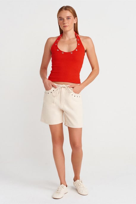 Crop Halterneck Ribbad Blus Med Stendetalj - Image 4