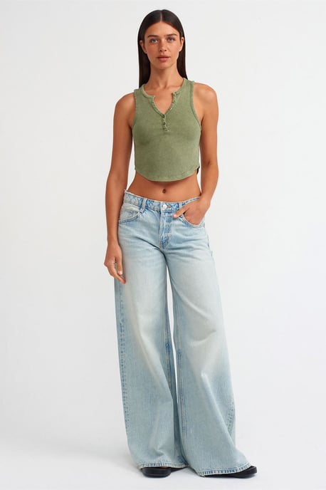Dames Geribbelde Cropped Blouse Met Knopen - Image 3