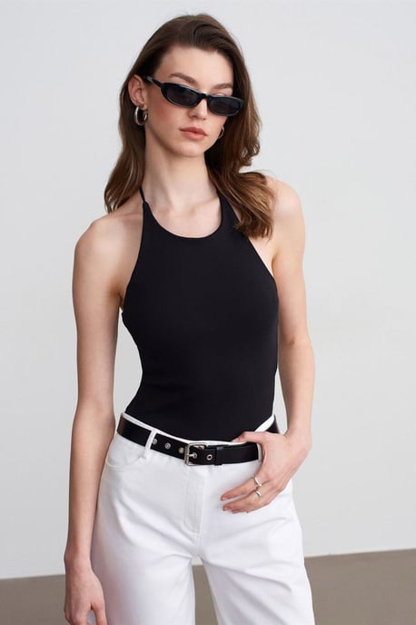 Slim Fit Halterhals Tricot Blouse - Image 1