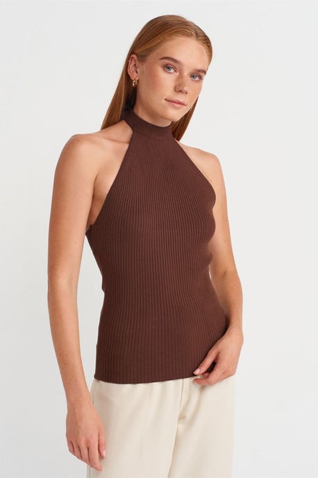 Ribbad Halterneck Slim-fit Blus - Image 1