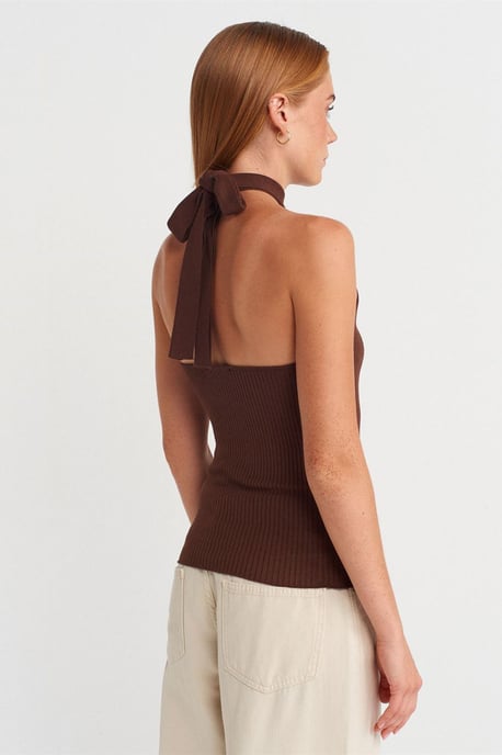 Ribbad Halterneck Slim-fit Blus - Image 2