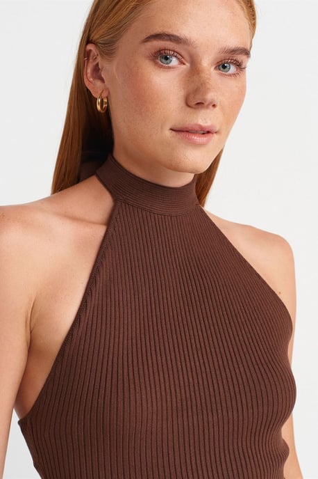 Ribbad Halterneck Slim-fit Blus - Image 3