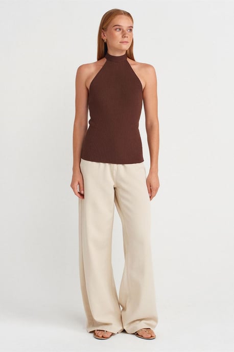 Ribbad Halterneck Slim-fit Blus - Image 4
