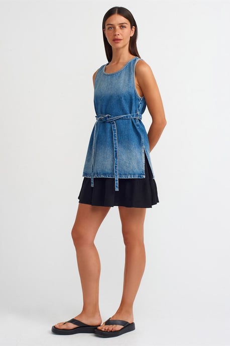 Bomullsdenim Blus med Knytning - Image 3