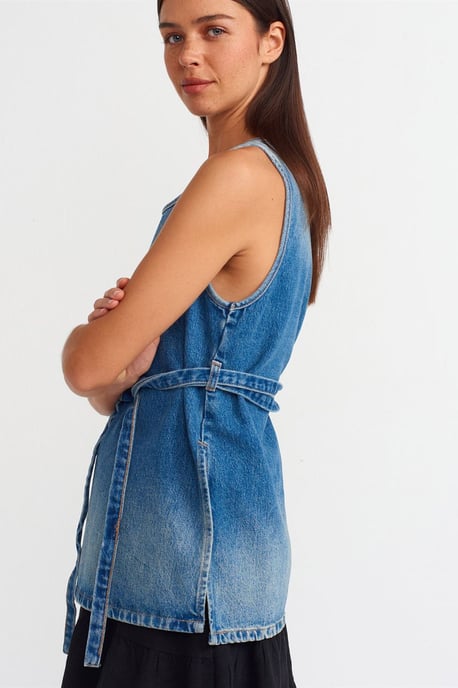 Bomullsdenim Blus med Knytning - Image 4