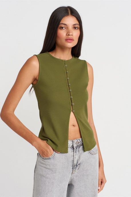 Ribbad ärmlös blus med knäppning fram - Image 3