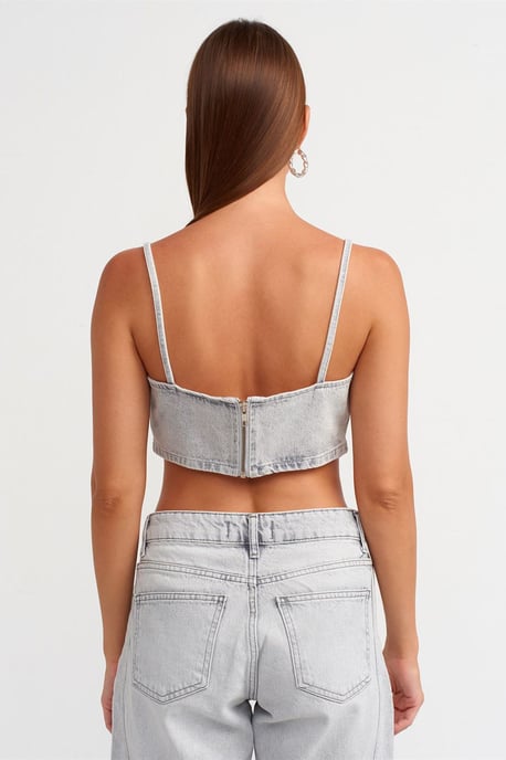 Kvinnors Strapless Crop Denim Topp - Image 2