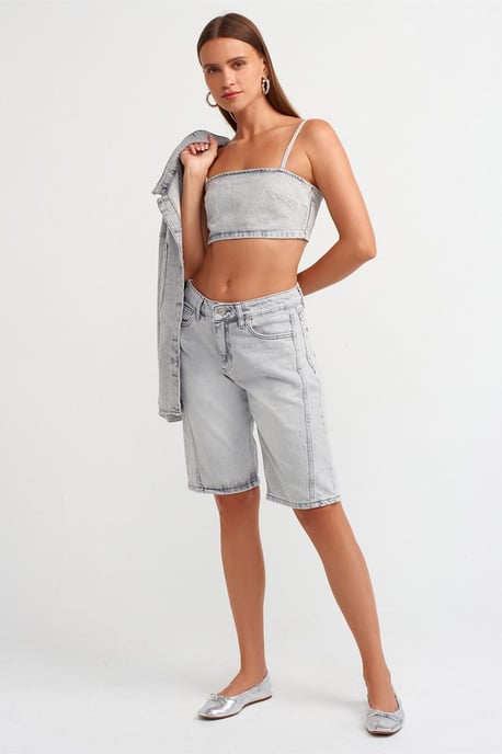 Kvinnors Strapless Crop Denim Topp - Image 3