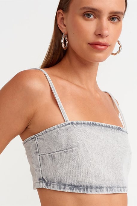 Kvinnors Strapless Crop Denim Topp - Image 4