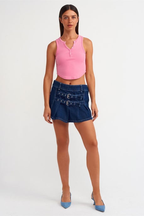 Dames Geribbelde Crop Blouse Met Knopen - Image 3