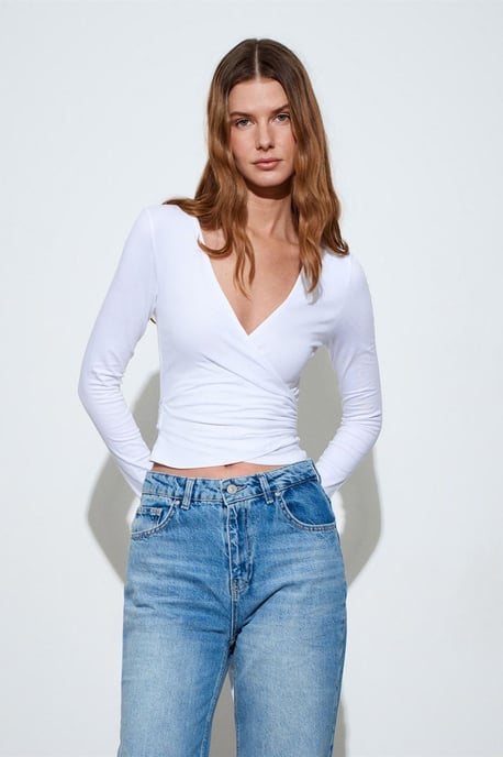 Women’s Crop Wrap Blouse With Tie Detail - Image 4
